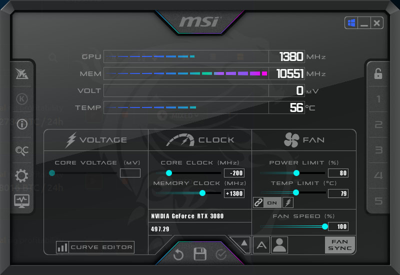 3080 RTX ti OC settings with Afterburner for NiceHash