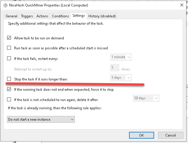 In the Settings tab, leave everything alone but check the "stop task if it runs longer than" box is unchecked
