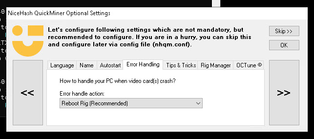 Error Handling settings in NHQM