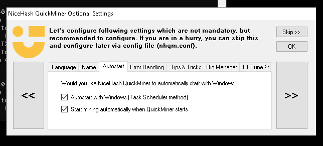 Autostart settings in NHQM