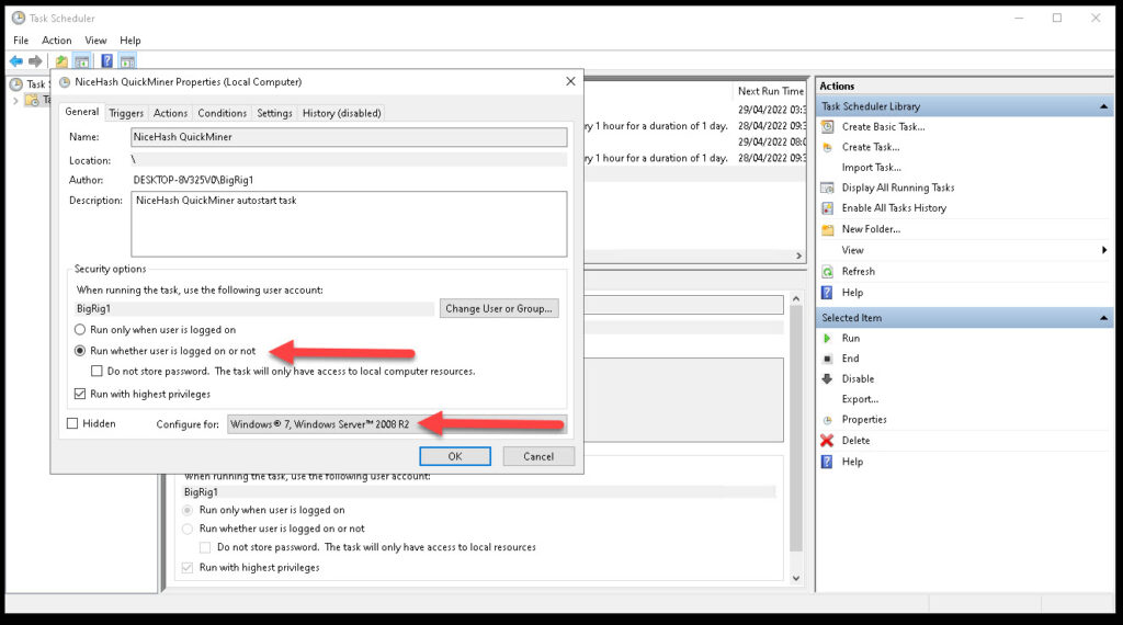 General Properties: NHQM in Windows Task Scheduler