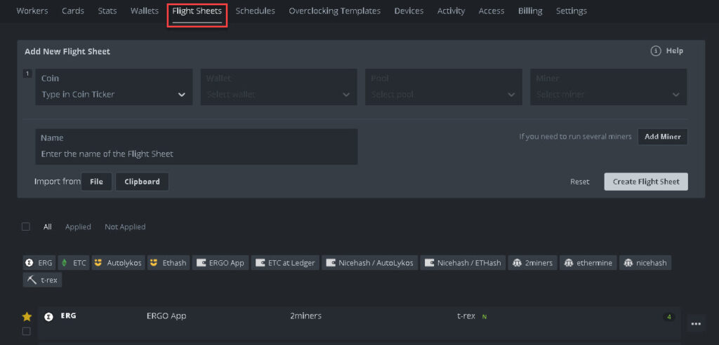 Create a flight sheet via the flight sheets tab on your farm homepage